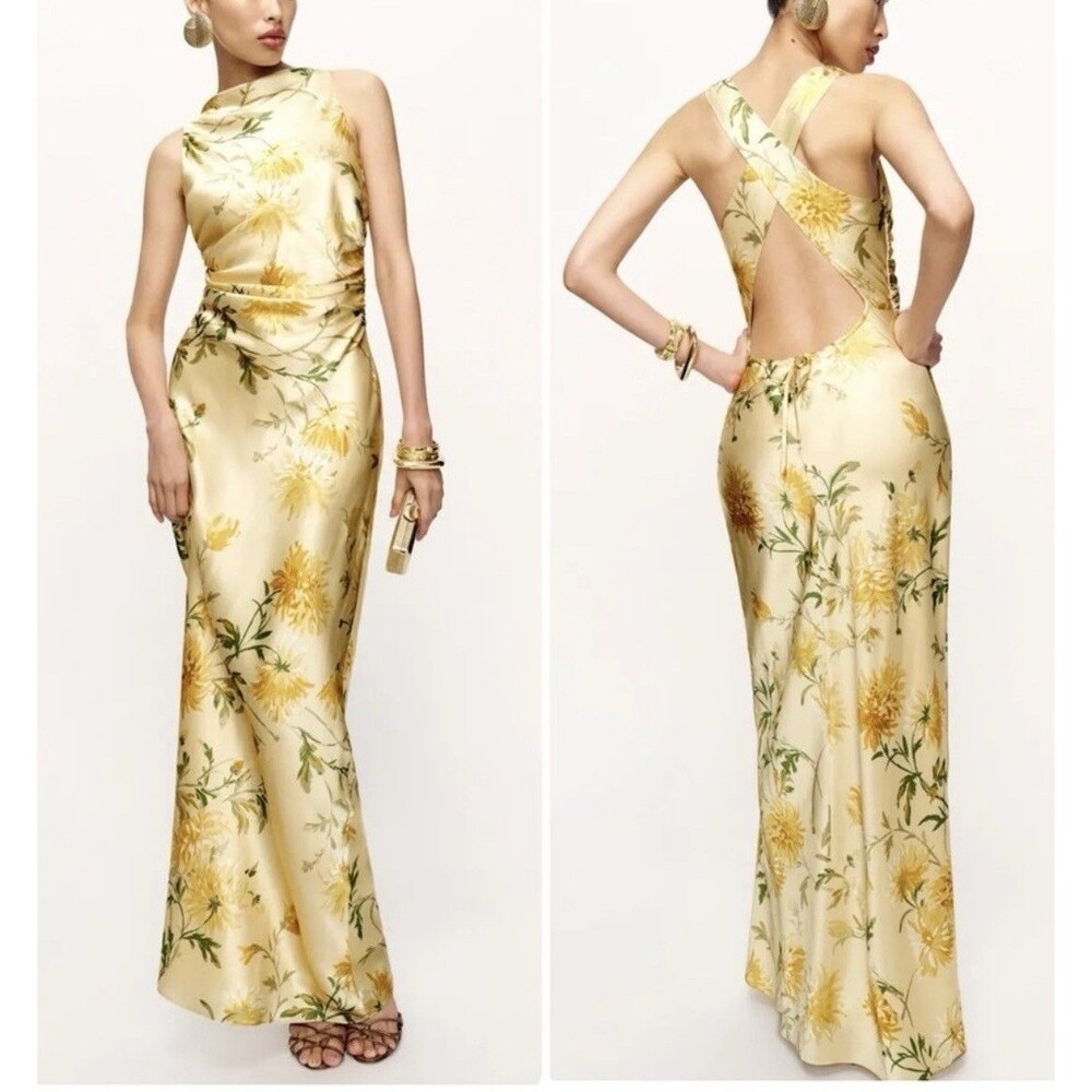 Reformation Anaiis Silk Maxi Dress Honeyglow Yellow Floral Cocktail Party Size 2